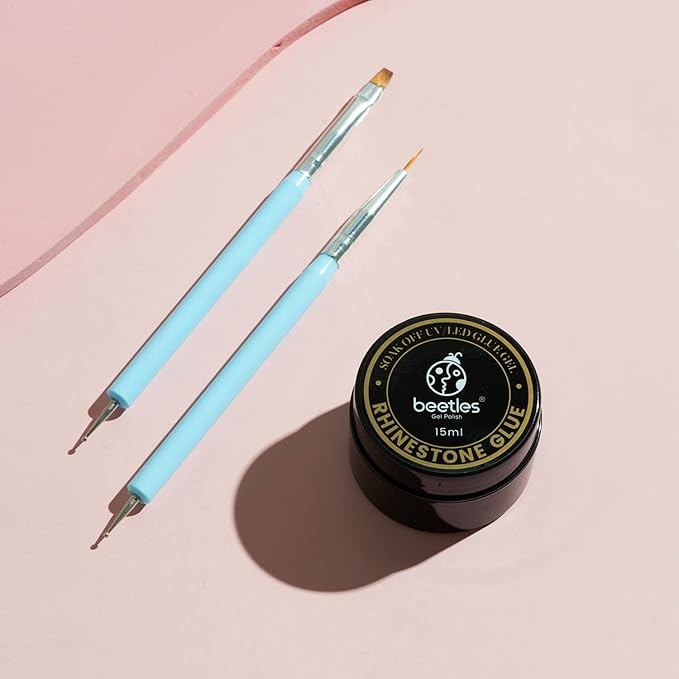 Beetles Rhinestone Glue for Nails with 2 Dual Purpose Brush Pen, 1Pcs 15ml Nail Glue for Nail Art Adhesive Resin Gems Diamonds Jewelry Decoration Soak Off Led Lamp Fall Nails Gifts for Women
