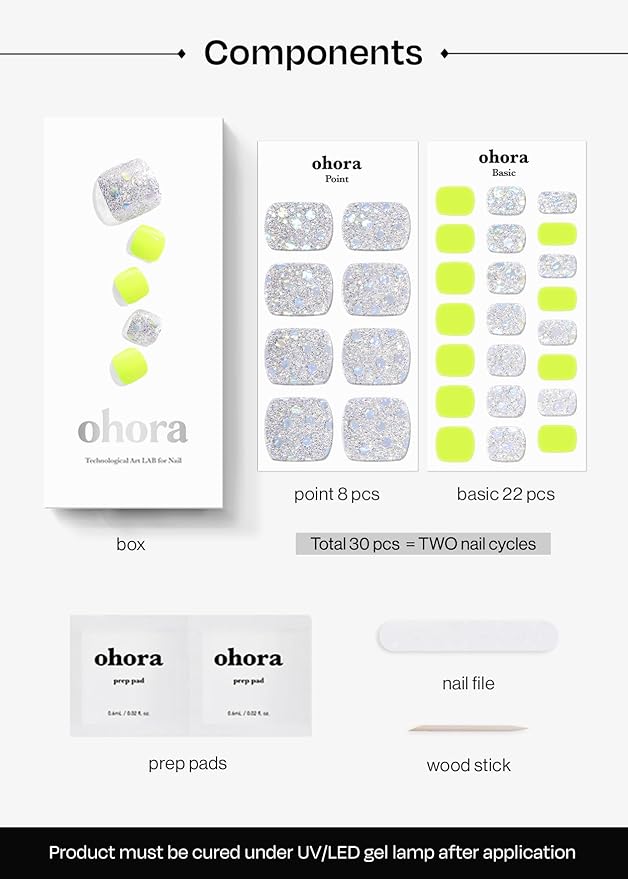 ohora Semi-Cured Gel Pedi Strips 34pcs(P Neon Light) - Includes 16 Solid Color, 14 Accent Wraps, 2 Prep Pads, Nail File & Wooden Stick