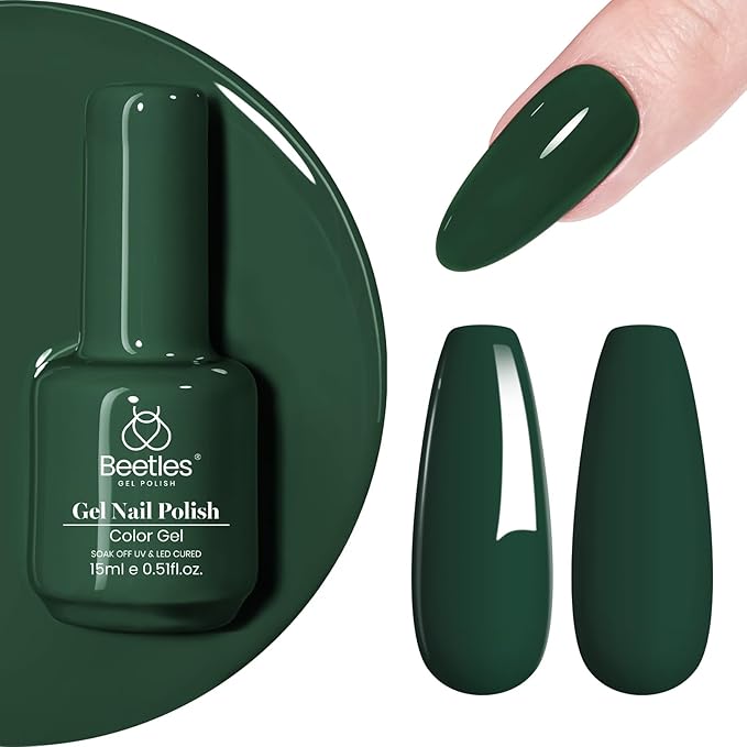 Beetles Green Gel Nail Polish 15ml 0.51 Fl Oz Dark Green Gel Nail Polish Soak Off U V LED Nail Lamp Nail Art Manicure Salon DIY Home
