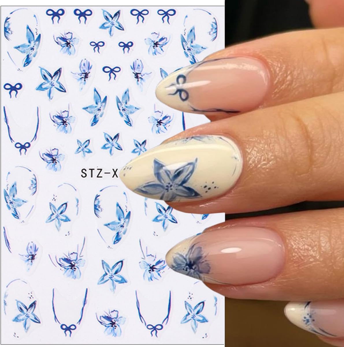 6Sheets Spring French Nail Stickers 3D Self Adhesive Flower Nail Decals Elegant Tulip Flower Bow Nails Art Stickers Blue Hibiscus Floral Nails Art Design Supplies for Women Girls DIY French Manicure