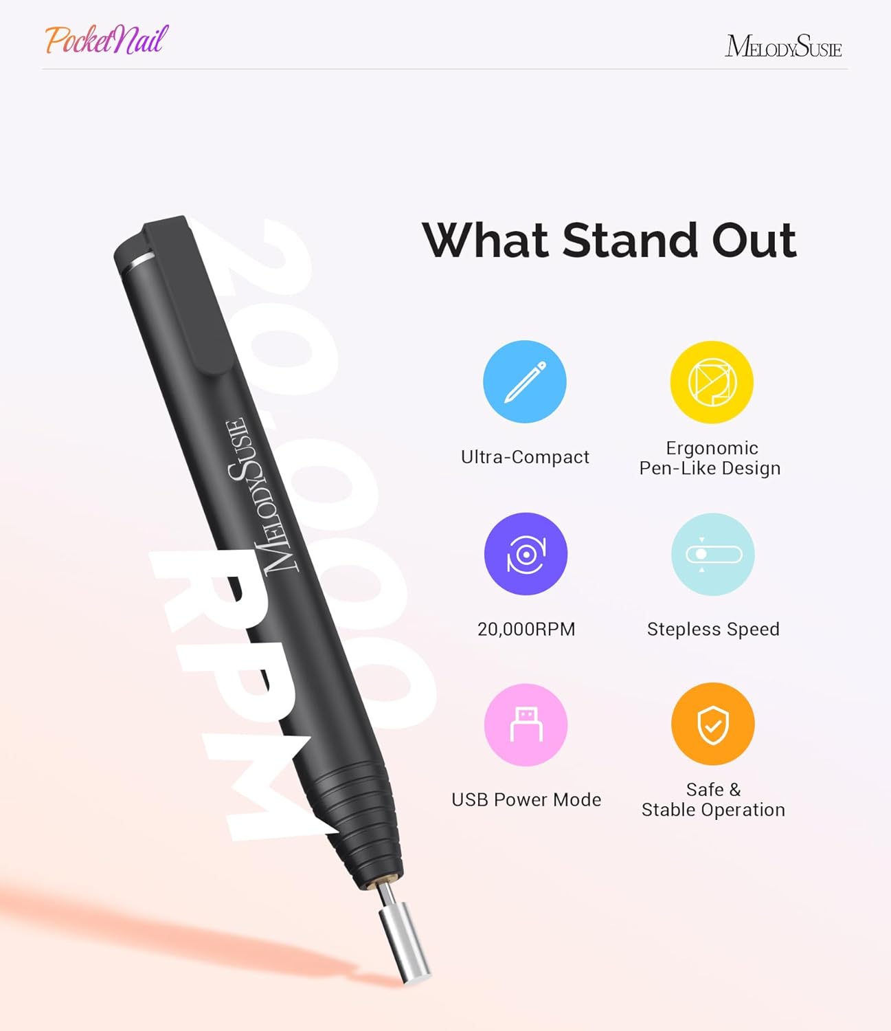 MelodySusie PocketNail Slim Ergonomic Pen-Shaped USB Nail Drill, PC100G 20000RPM Portable Electric File for All Manicure, Pedicure Nail Care, Shaping & Gel Removal at Home for Beginners