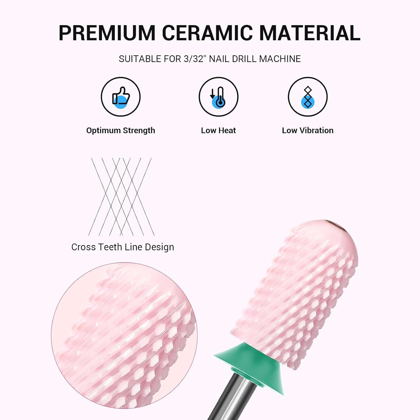 MelodySusie Ceramic Nail Drill Bit, 3/32'' Smooth Round Top Large Barrel Bits, Suitable for Manicure Pedicure Cuticle Gel Polishing, Beginners Bits, Pink, Series Bit-S, Coarse