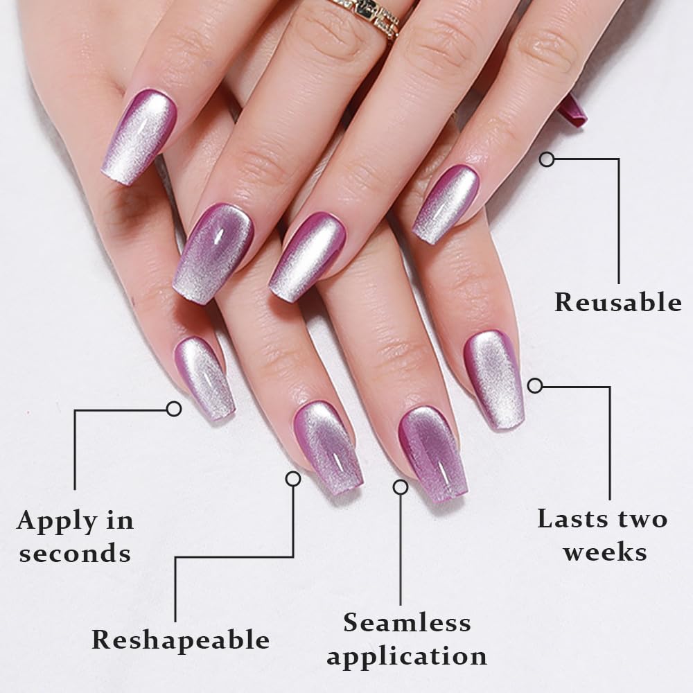 evpct Purple Cat Eye Coffin Press on Nails Square Medium, Medium Square Glue on Nails for Women Gift, Lavender Purple Metallic Glitter Glossy Reusable Summer Gel Press on Fake Nail with Designs, 24Pcs