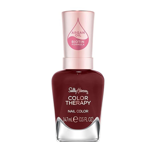 Sally Hansen Color Therapy Nail Polish | Biotin, Argan Oil, Long Lasting, Healthy Nails, Nail Strengthener, Opaque | 376 Pause And Reset | Dark Purple Red Nail Color