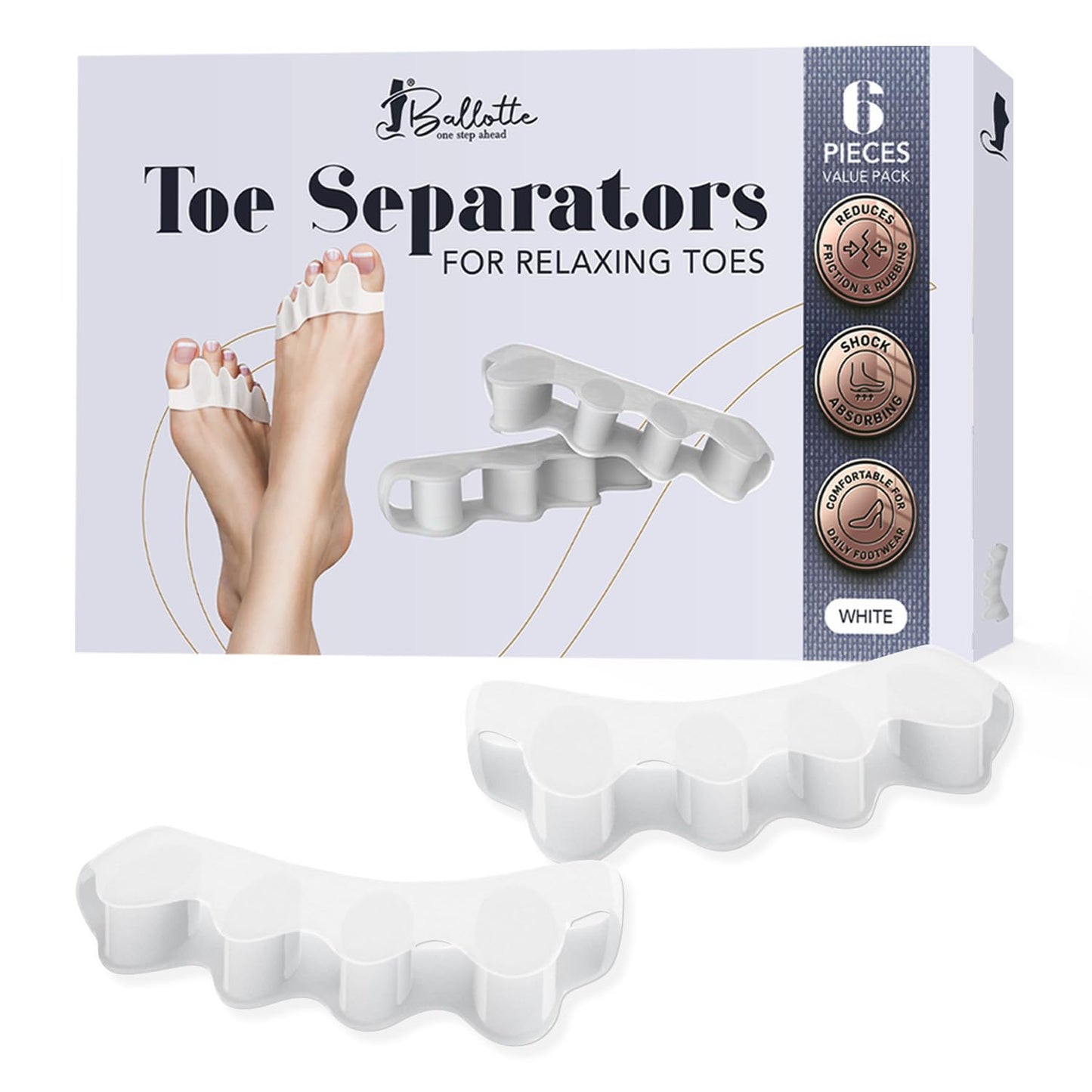 Ballotte Toe Separators, Silicone Toe Spacers for Bunions and Overlapping Hammer Toes, Athletic Tootsie Spacers for Running and Yoga, Foot Finger Splitters for Men & Women (Toe Seperators (White 6-Pack))
