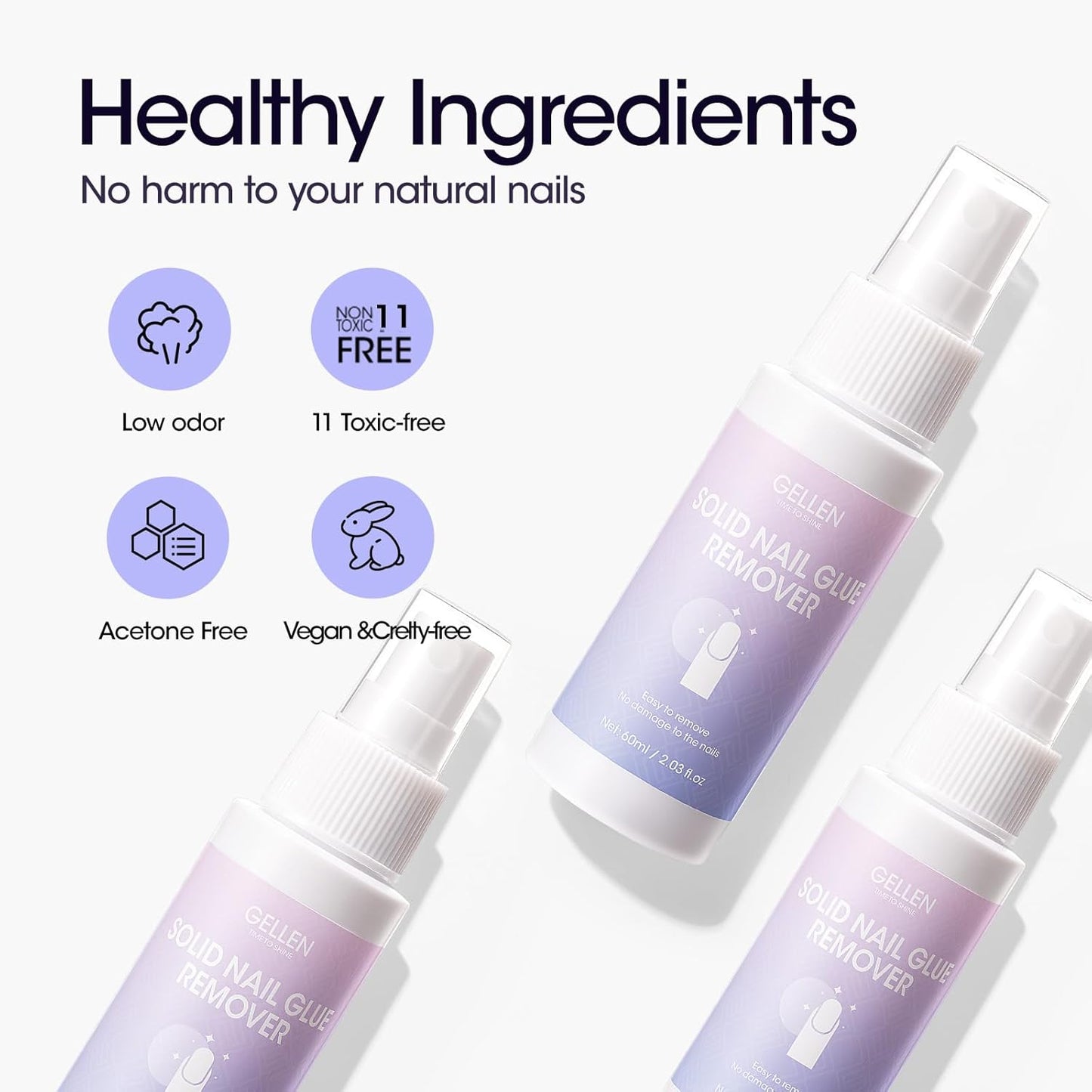 Gellen Solid Gel Nail Glue Remover Spray, 60ML Nail Glue Remover for Press On Nails Acrylic Nails Fake Tips, Acetone Free Soak Off Press-on Nail Removers Glue Off, Not UV Gel Polish Removers