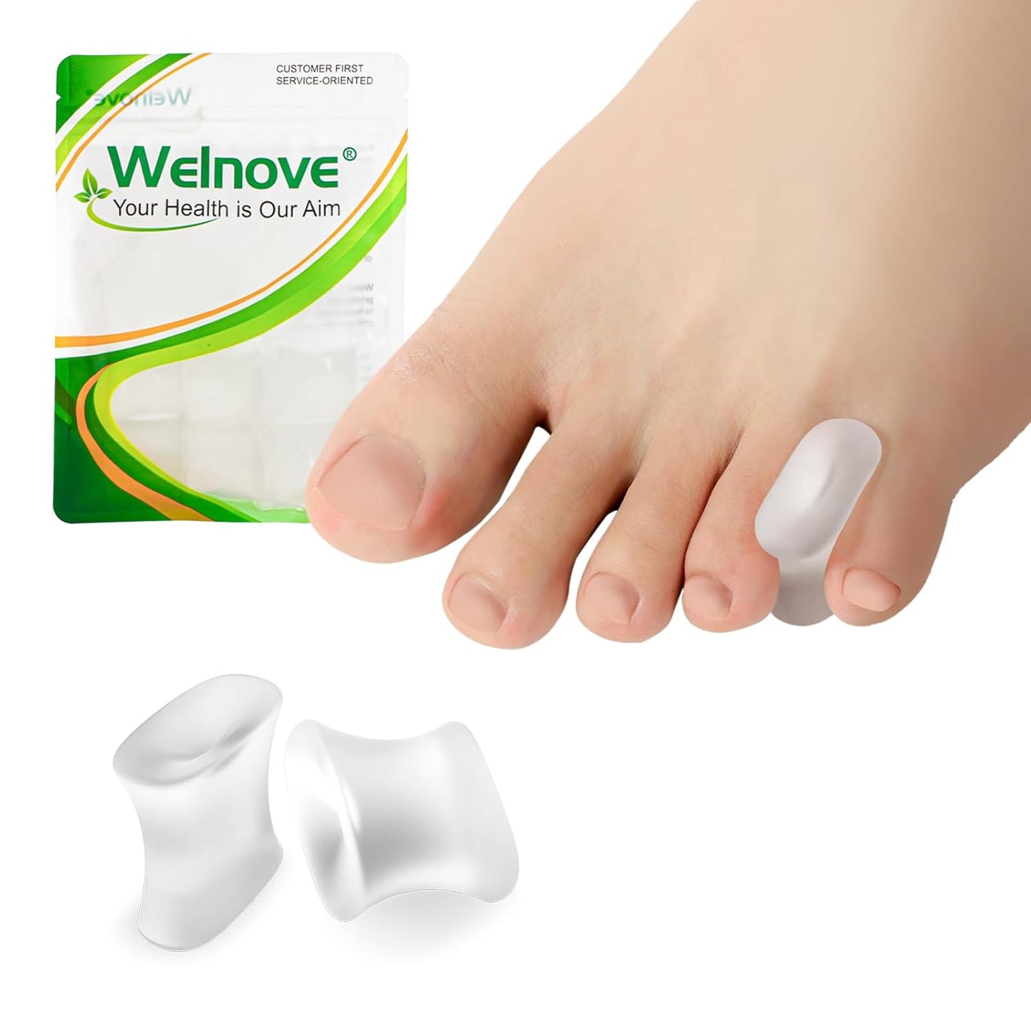Welnove Upgraded Gel Toe Separators – 8-Pack Aloe Vera Extract Infused Silicone Pinky Toe Spacers for Straightening Overlapping Toes, Calluses – Bunion Corrector for Men and Women (Small, Clear)