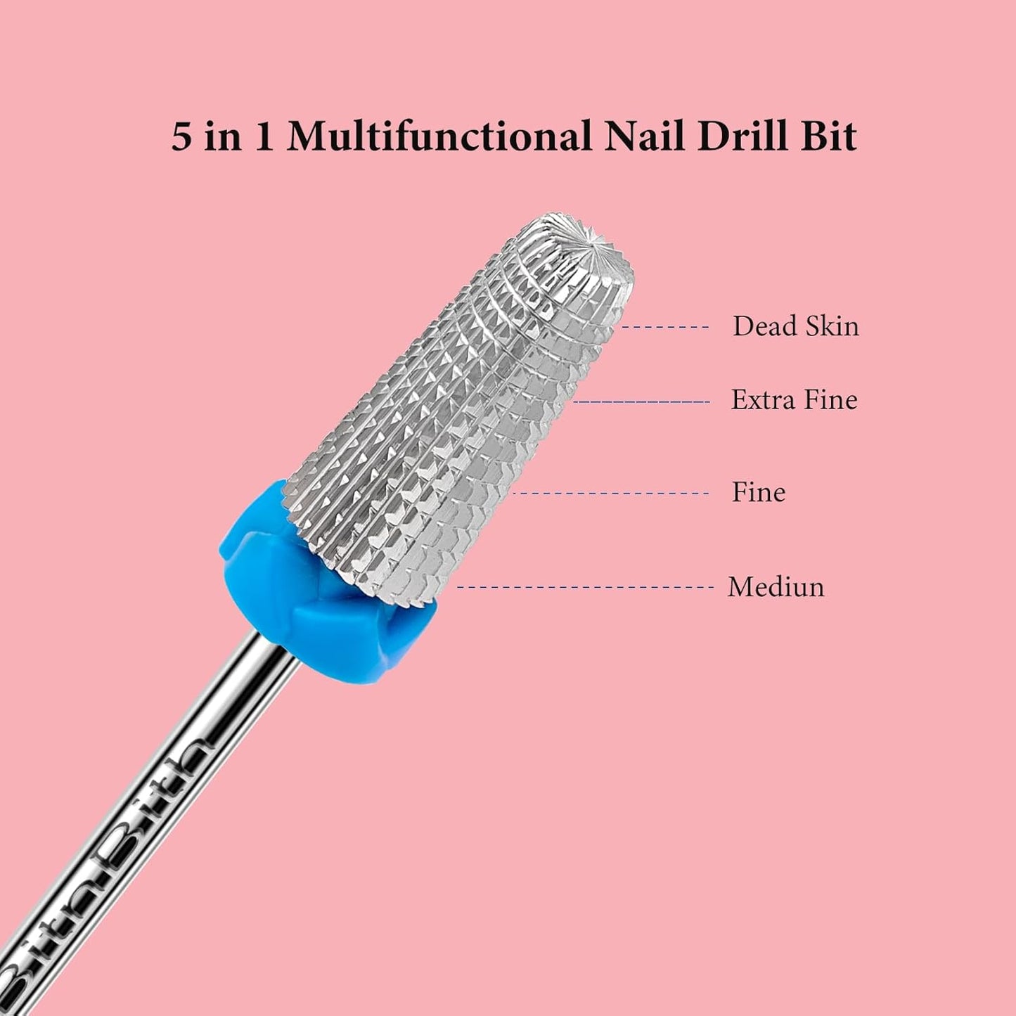 5 in 1 Nail Drill Bits, 3/32”Professional Carbide Drill Bits for Nails Multifunction Bit, Fast Remove Acrylic Hard Gel Cuticle Nail Efile Bit Manicure Pedicure,Two Way Rotate,Medium