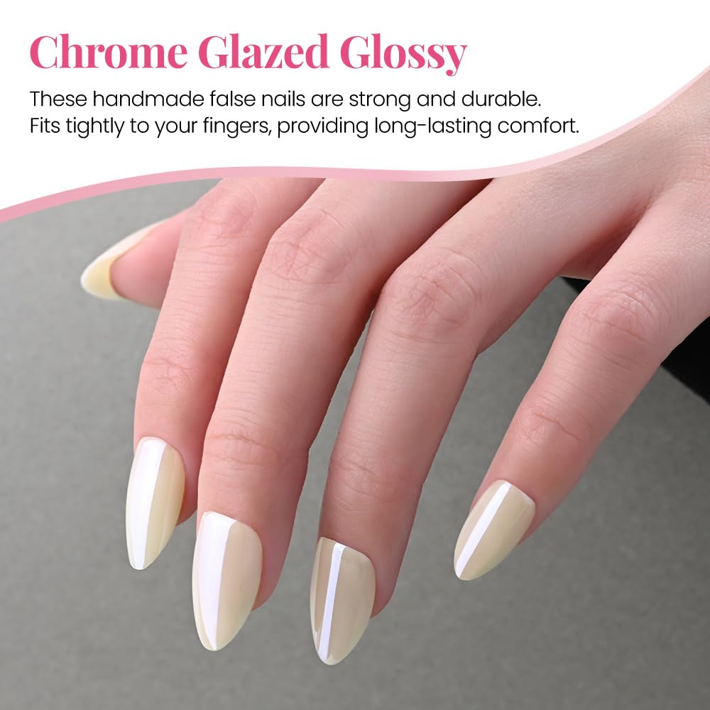 Press on Nails Short Almond - White Chrome Glazed Glossy Press on Nail Tips Glue On Nails with Nail Glue for Gift, Reusable Stick On Nails in 15 Sizes - 30 Full Cover Acrylic Soft Gel Fake Nails Kit