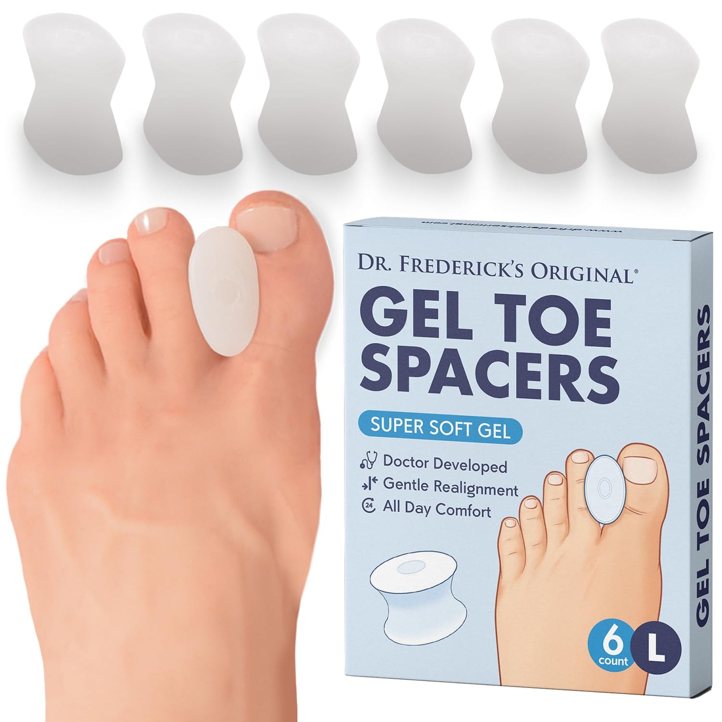 Dr. Frederick's Original Gel Toe Separators / Spacers - 6 ct - Temporary Bunion Corrector - Orthotic for Bunions & Overlapping Toe Pain - Ideal for Running, Yoga, and All-Day Foot Comfort - Large