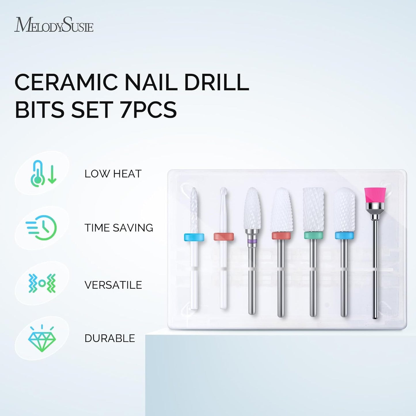 MelodySusie Ceramic Nail Drill Bits Set, 3/32'' (2.35mm) Professional Acrylic Nail File Drill Bit for Manicure Pedicure Cuticle Gel Nail Polishing 7Pcs
