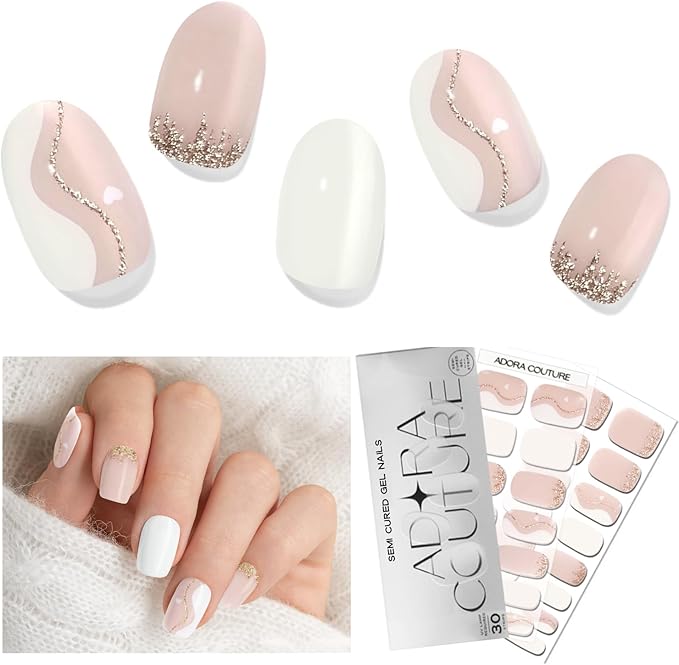Semi Cured Gel Nail Strips with 30 Pieces - Salon Quality Manicure Kit for Women Easy Application Wraps Includes Prep Pads Nail File Wooden Stick, UV Light Required (Pink Swirl)