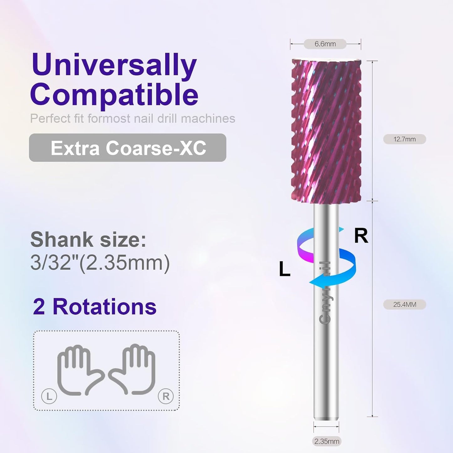 3/32" Large Barrel Bit Tungsten Carbide Nail Drill Bit Safety Bit for Gel & Acrylic Removal, 2- Way Rotating Efile Tip, Salon Electric File Accessory (XC Girt, Purple)