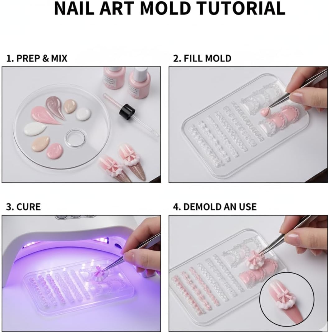3D Lace Ruffle Nail Art Mold, Bowknot Flower Edge Soft Gel/Resin DIY Decoration Making, Clear Silicone Carving Tool for Acrylic & Gel Nail Extension Tips