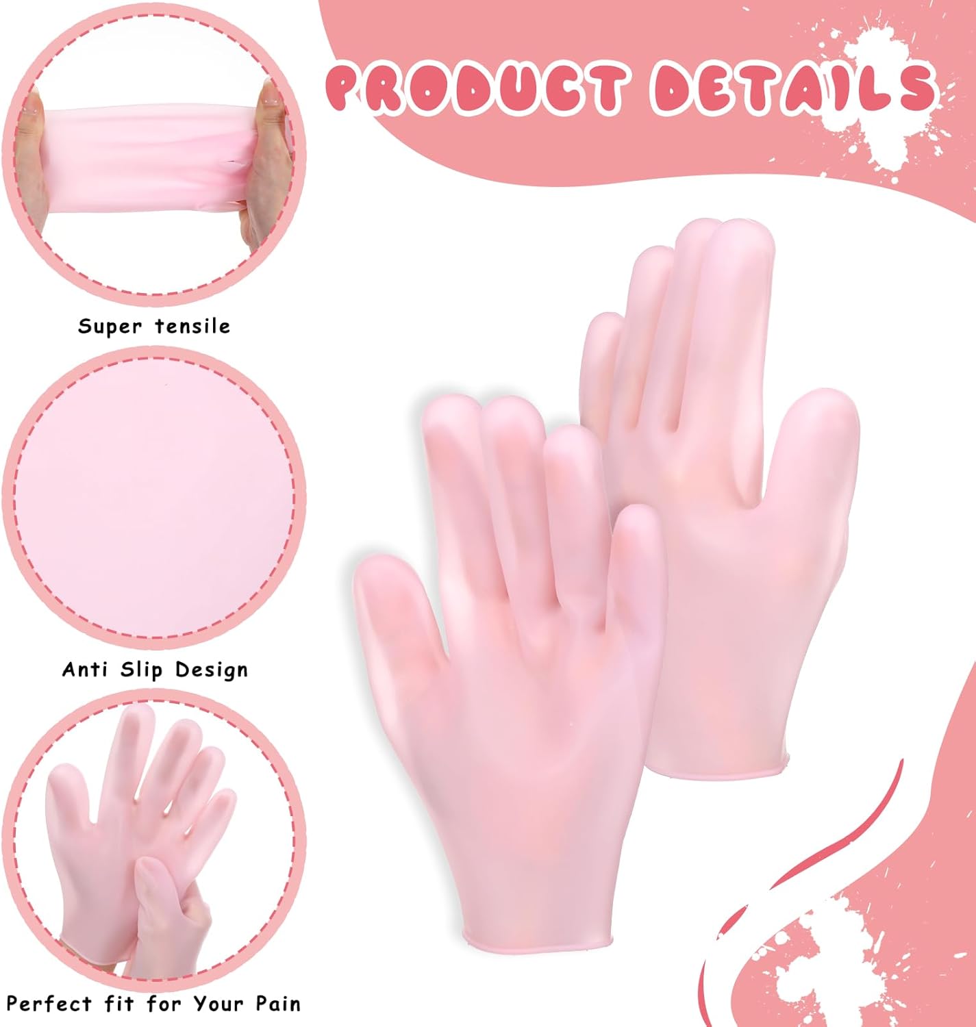 2 Pairs Hand Moisture Gloves,Silicone Gloves for Dry Hands - Moisturizing Glove for Dry Hands, Overnight Moisture Glove for Softening Rough Skin - Pink & White