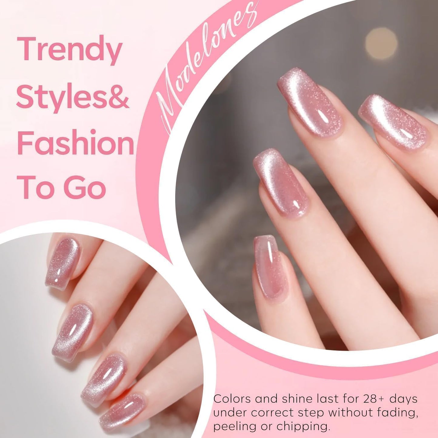 modelones Cat Eye Gel Nail Polish, Pink Glassy 9D Cateye with Magnet Shimmer Soak Off Reflective Translucent Gel Magnetic Top Coat Nail Polish for Women Girl 15 ML