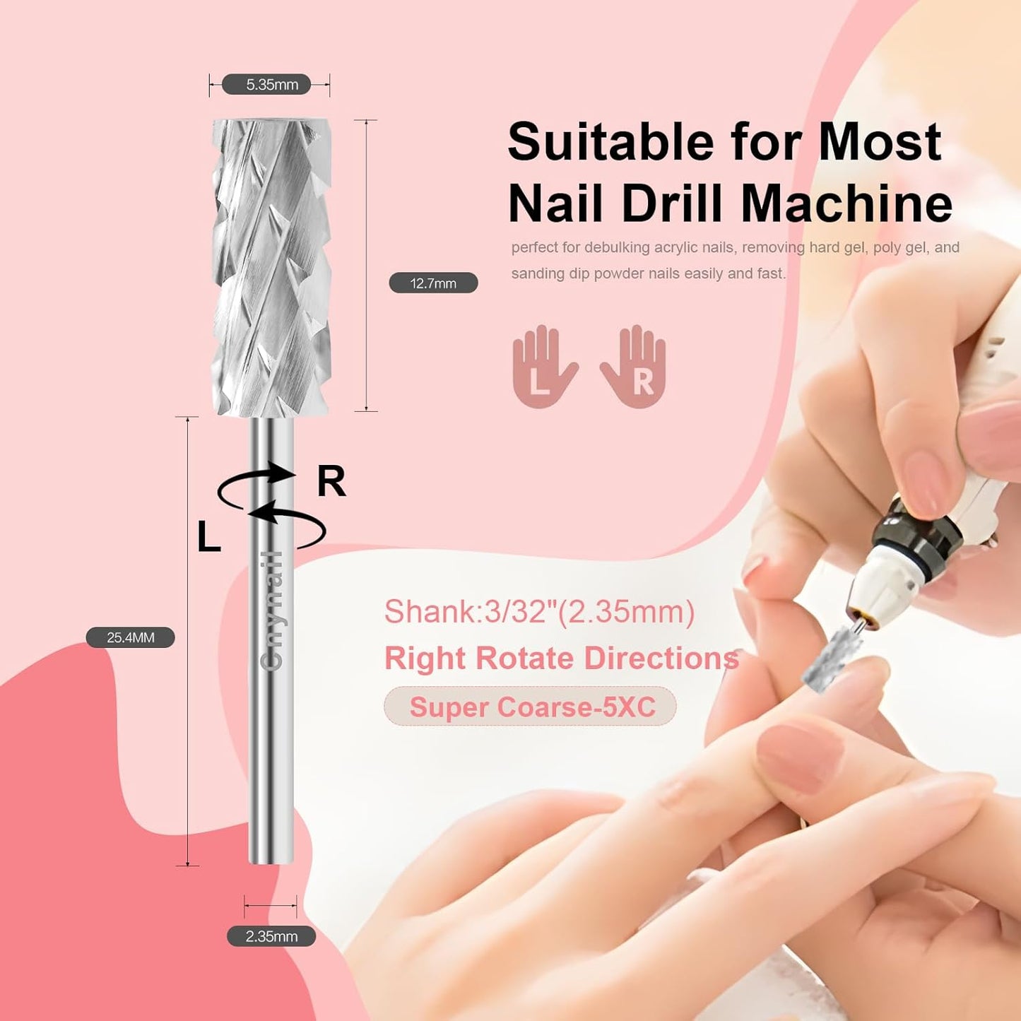3/32" 5.35MM Small Barrel Flat Top Bit Tungsten Carbide Nail Drill Bit Safety Bit for Gel & Acrylic Removal, Right Way Rotating Efile Tip, Salon Electric File Accessory (5XC Grit, Silver)