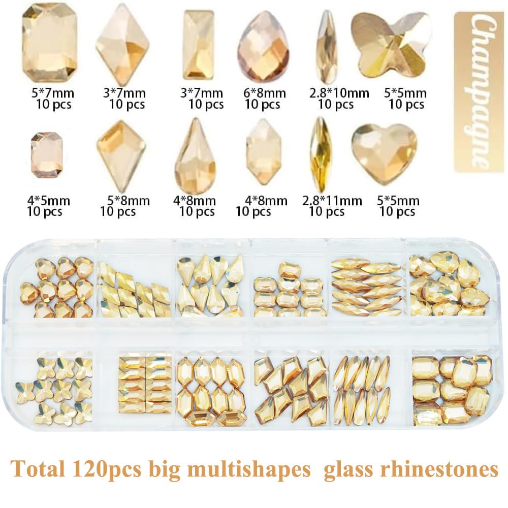 3600Pcs Champagne Gold Nail Rhinestones, MultiShapes Flatback Crystal Gems Stones, 1.5-4mm Half-Round Bedazzling Beads, Glass Diamond Jewels for DIY Nails Bling Decoration