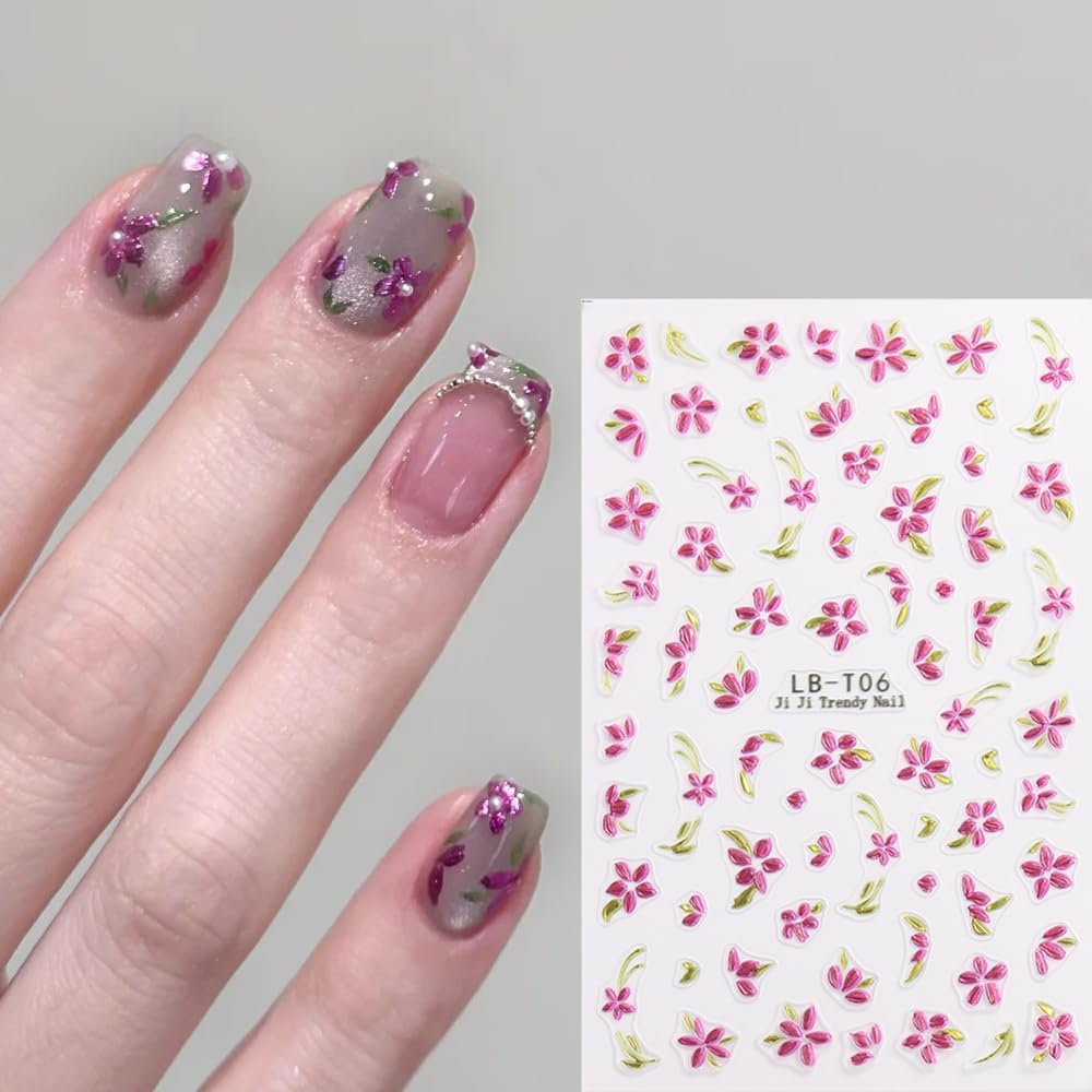 5 Sheets Bronzing Flower Nail Art Stickers Decals, Metallic Floral Leaf Plant 5D Embossed Nail Decals Self-Adhesive Nail Supplies Nail Art Design Decoration Accessories for Women and Girls
