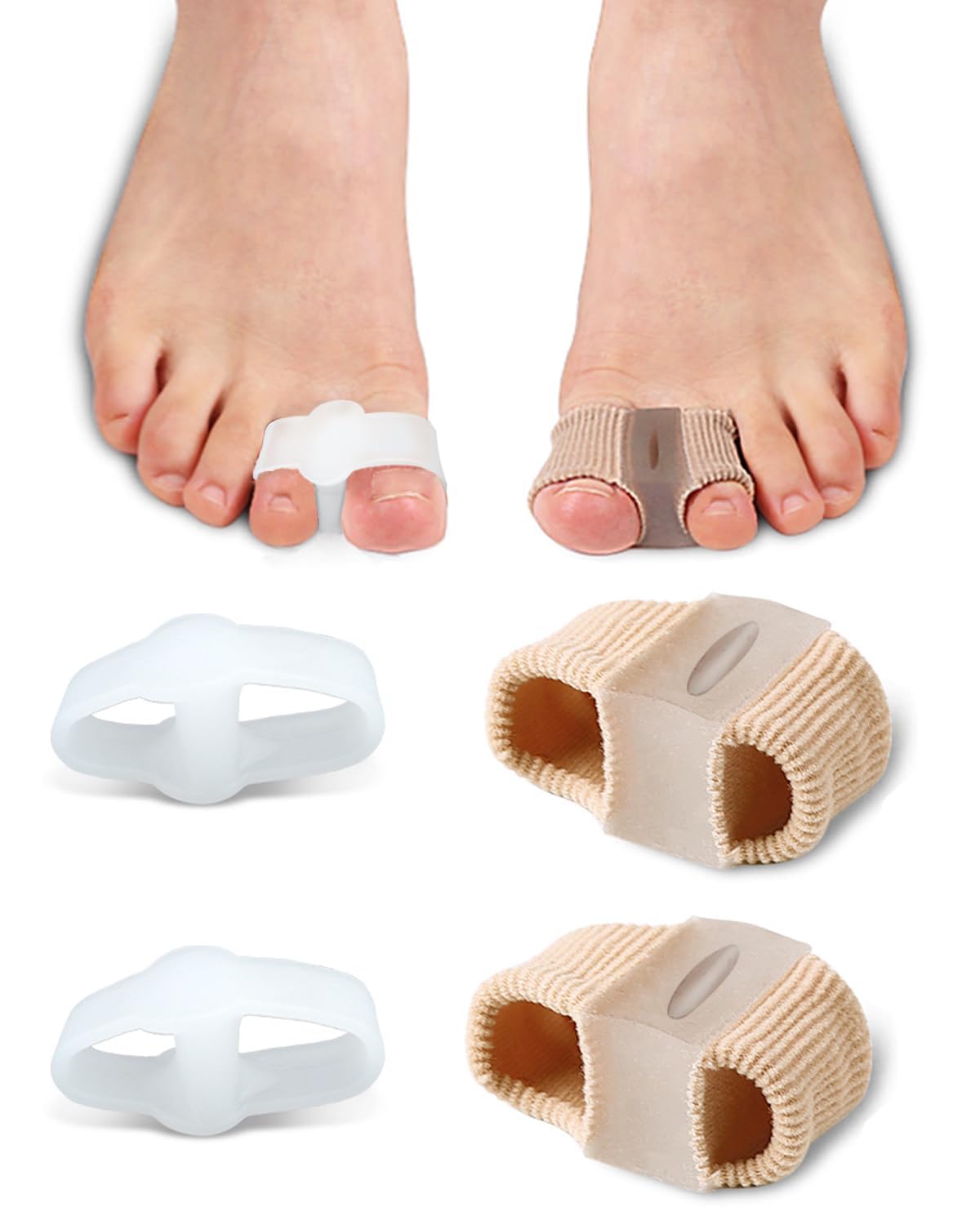 4Pcs Toe Separators Bunion Corrector for Women Men, Gel Big Toe Spacers with 2 Loops for Feet, Hammer Toe Straightener, Elasticity and Soft (2Nylon+2Gel)