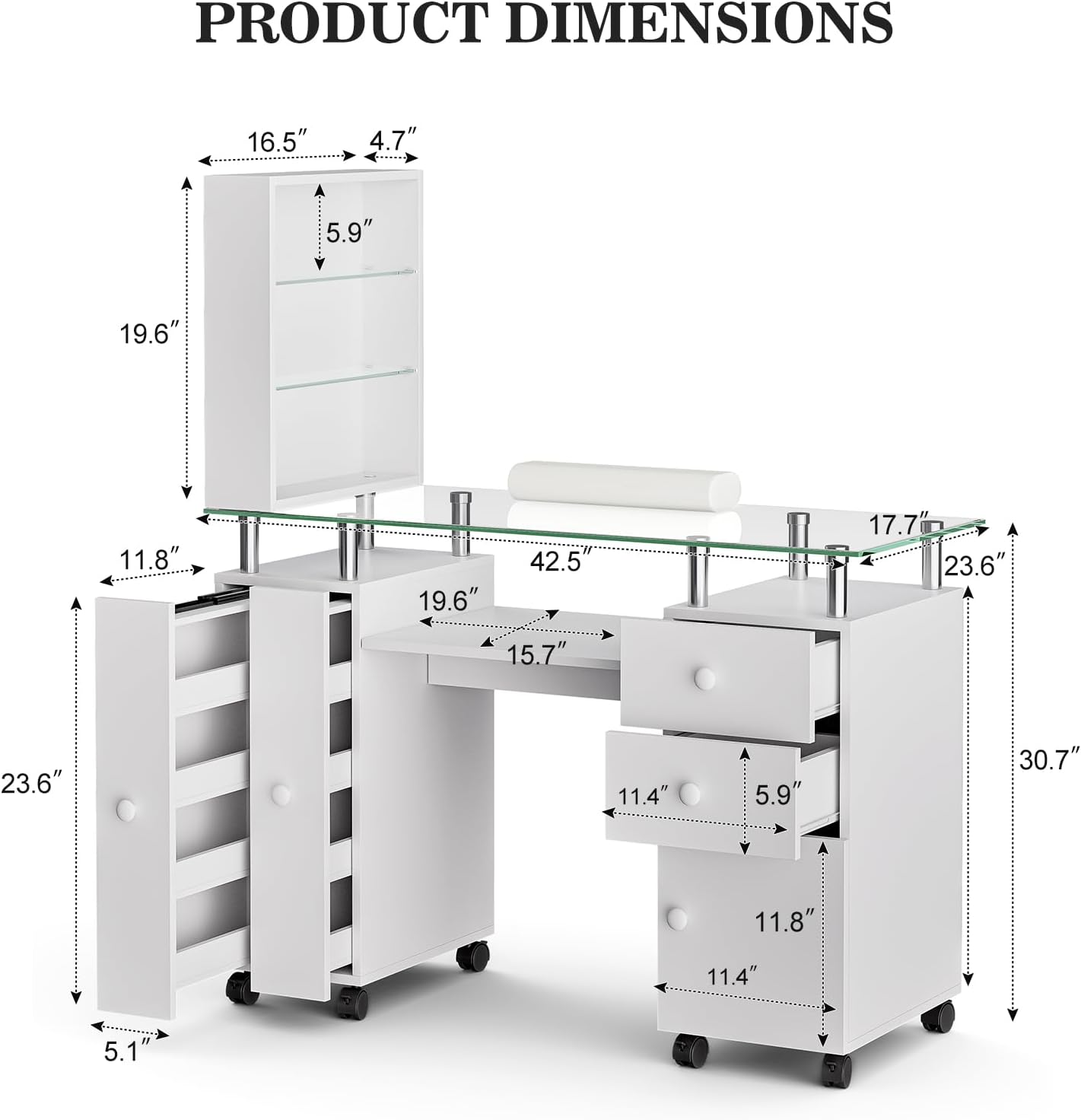 Paddie Manicure Table Nail Tech Table, Glass Top Nail Desk Station for Nail Tech w/Shelves & Wrist Cushion, Acetone Resistant Beauty Salon Workstation w/Lockable Wheels(White)