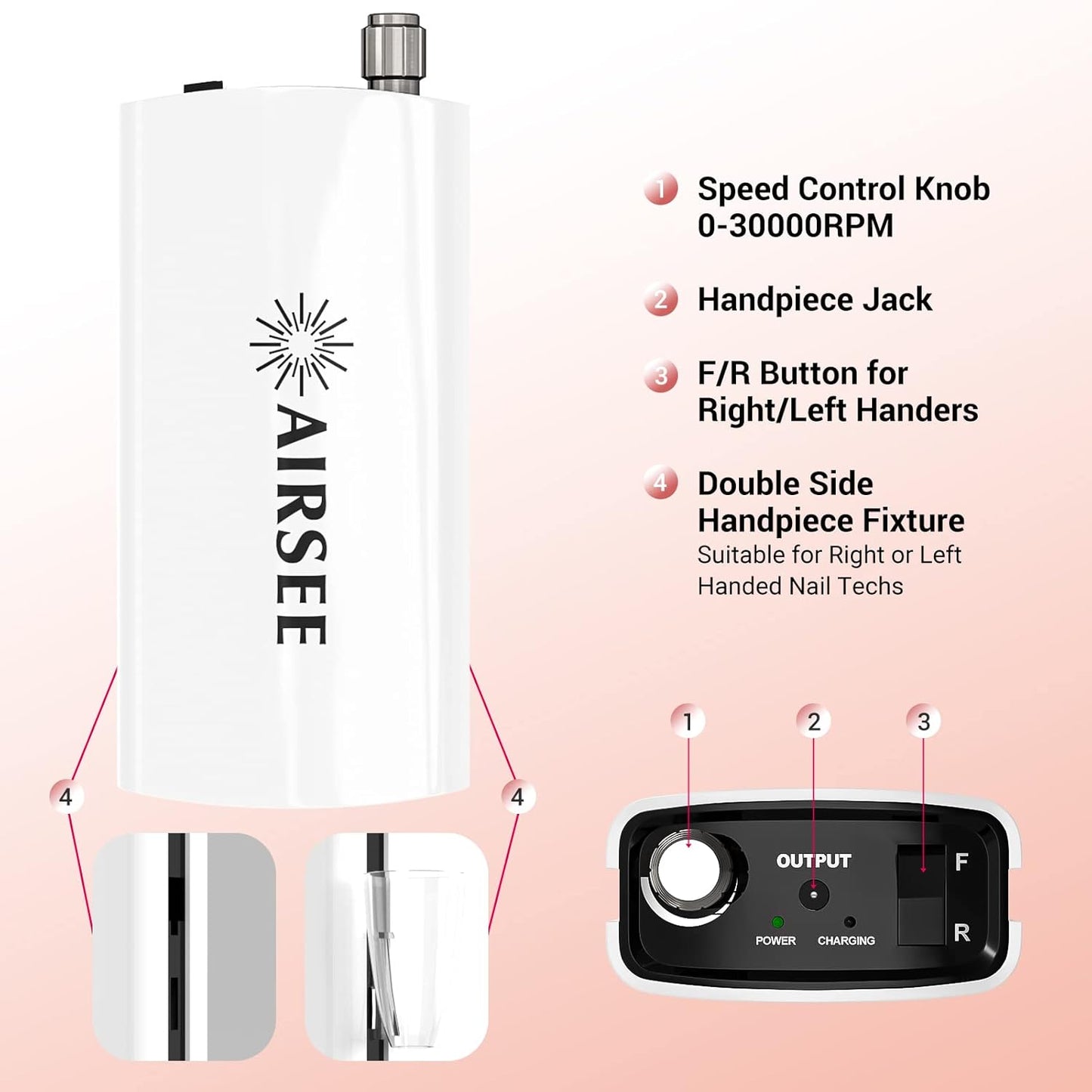 AIRSEE Professional Rechargeable 30000 RPM Nail Drill Machine Portable Efile Electric Nail File Wireless Manicure Pedicure Set Acrylic Gel Nail Grinder Tools with 6 Bits and Sanding Bands E6 White