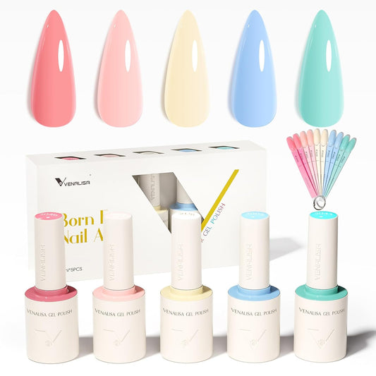 VENALISA Gel Nail Polish Set, 5 Colors 10ML Gel Polish Kit Pastel Yellow Blue Green Pink Color Soak Off Salon Manicure DIY at Home Nail Art For Girls Women