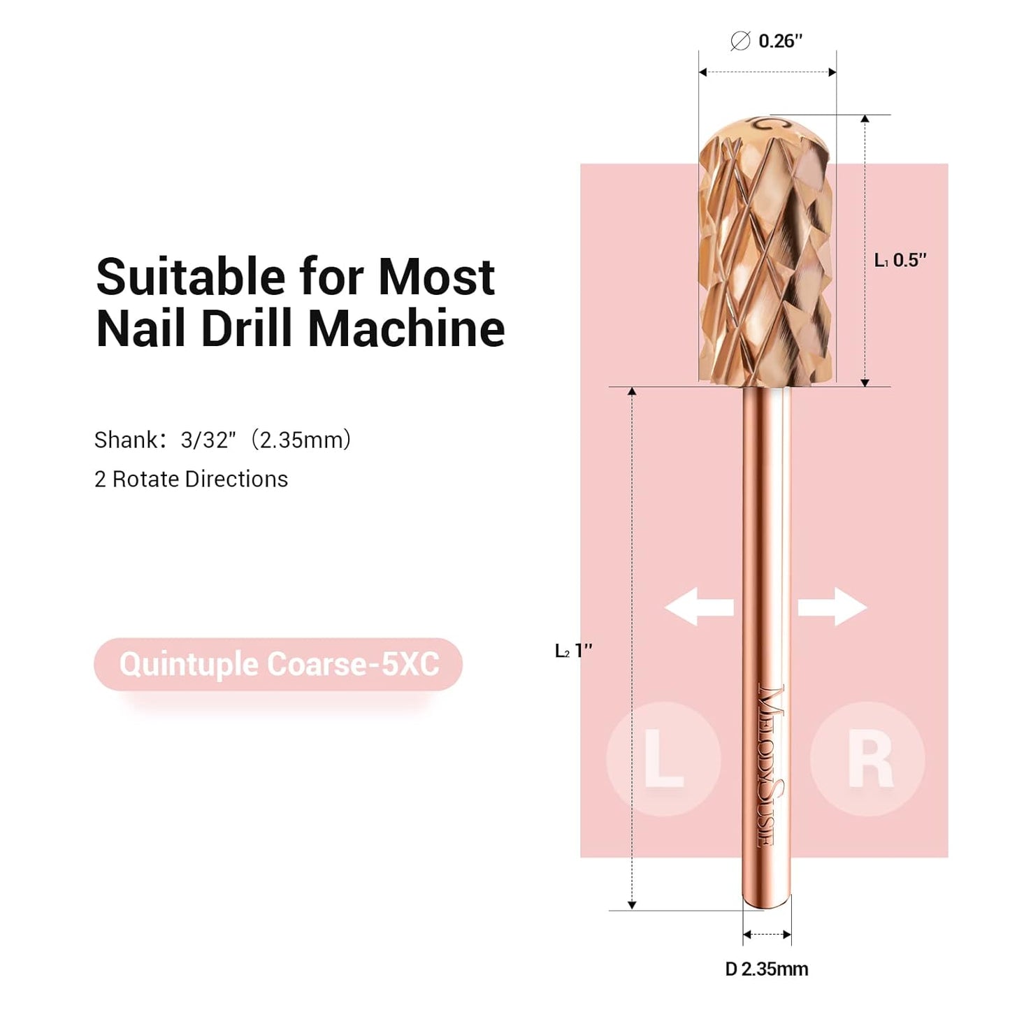 MelodySusie Safety Nail Drill Bits, 3/32'' Smooth Round Top Large Barrel Carbide Bits, Suitable for Manicure Pedicure Cuticle Gel Polishing, Beginners Bits, Rose Gold, Series Bit-S, Quintuple Coarse