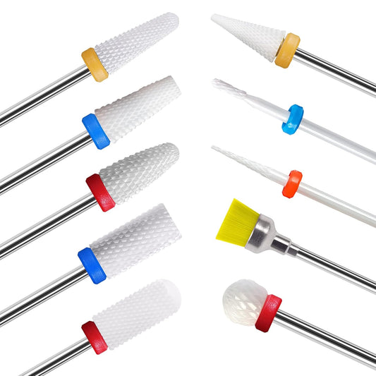 10Pcs Ceramic Nail Drill Bits Attachments Professional Nail Cutter Bits Gel Nails Release Accessories Removal Gel Acrylic Cuticle Drill Bits for Manicure Pedicure