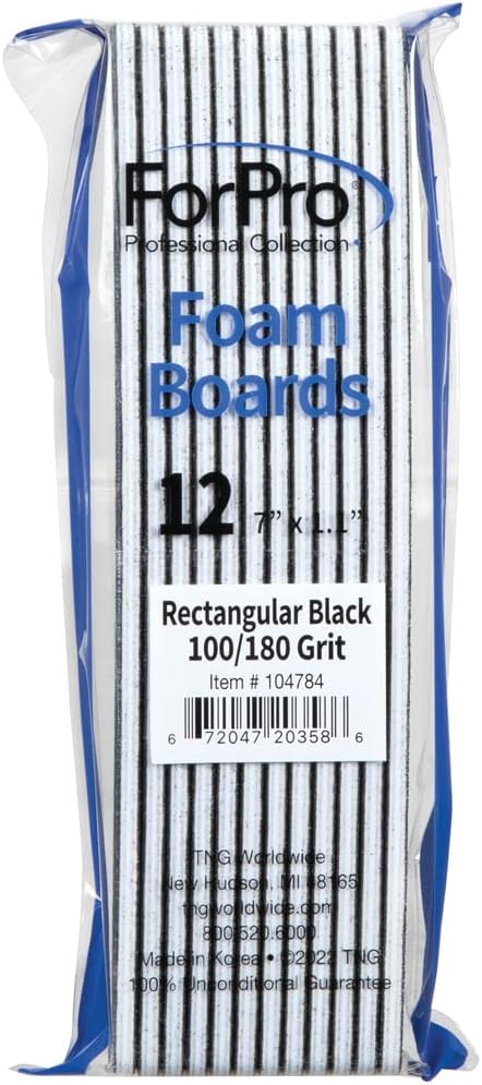 ForPro Professional Collection Rectangular Foam Boards, Black, 100/180 Grit, Double-Sided Manicure and Pedicure Nail Files, 7” L x 1.1” W, 12-Count