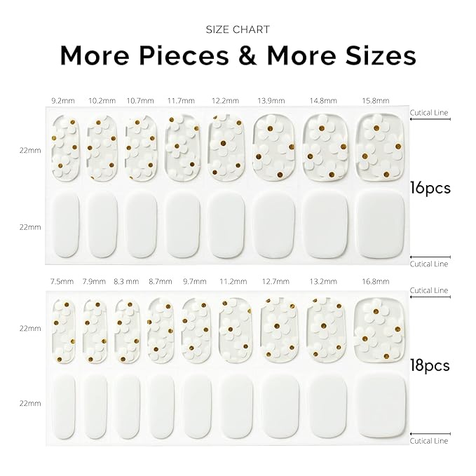 Nailog Semi Cured Gel Nail Strips 34 pcs | Long Lasting Nail Polish Sticker Wraps with Glossy Gel Finish | White Petals