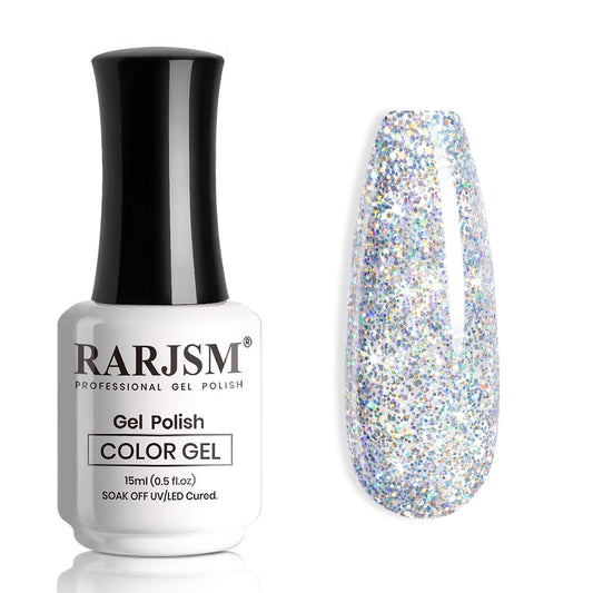 RARJSM Glitter Gel Nail Polish Silver Sparkly Iridescent Glitter Gelpolish 15ml Chunky Shimmer Holographic Rainbow Effect Soak off L e d U V Curing Required High Pigments for Salon DIY Manicure