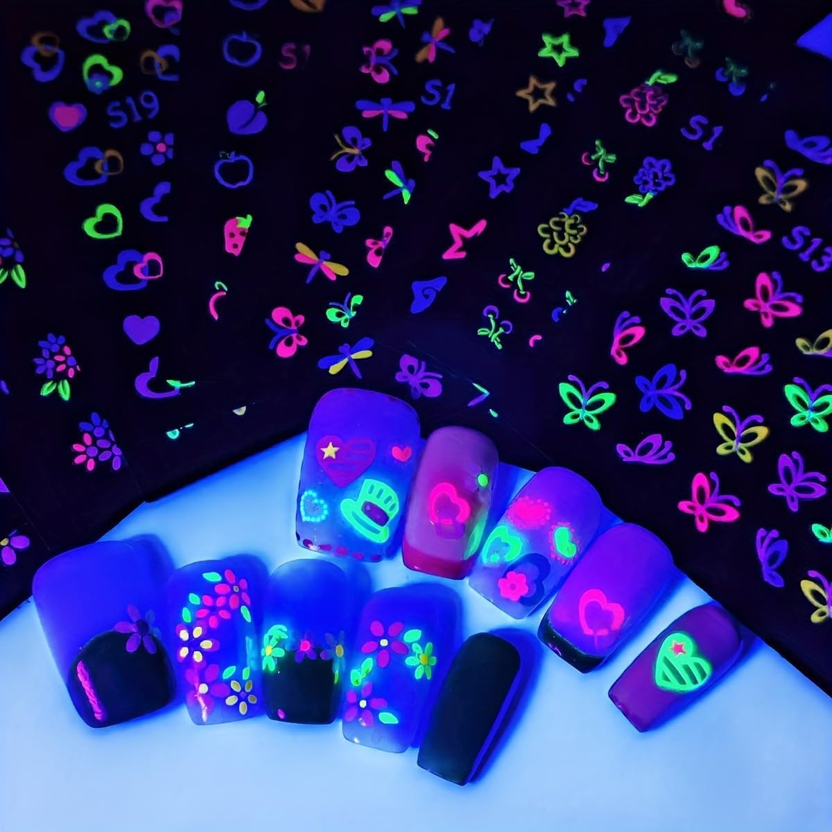 Fluorescence 30 Sheets Flowers Nail Stickers 3D Self-Adhesive Nail Art Charms Sticker Decals for Crafts Supplies Accessories (ST-N)