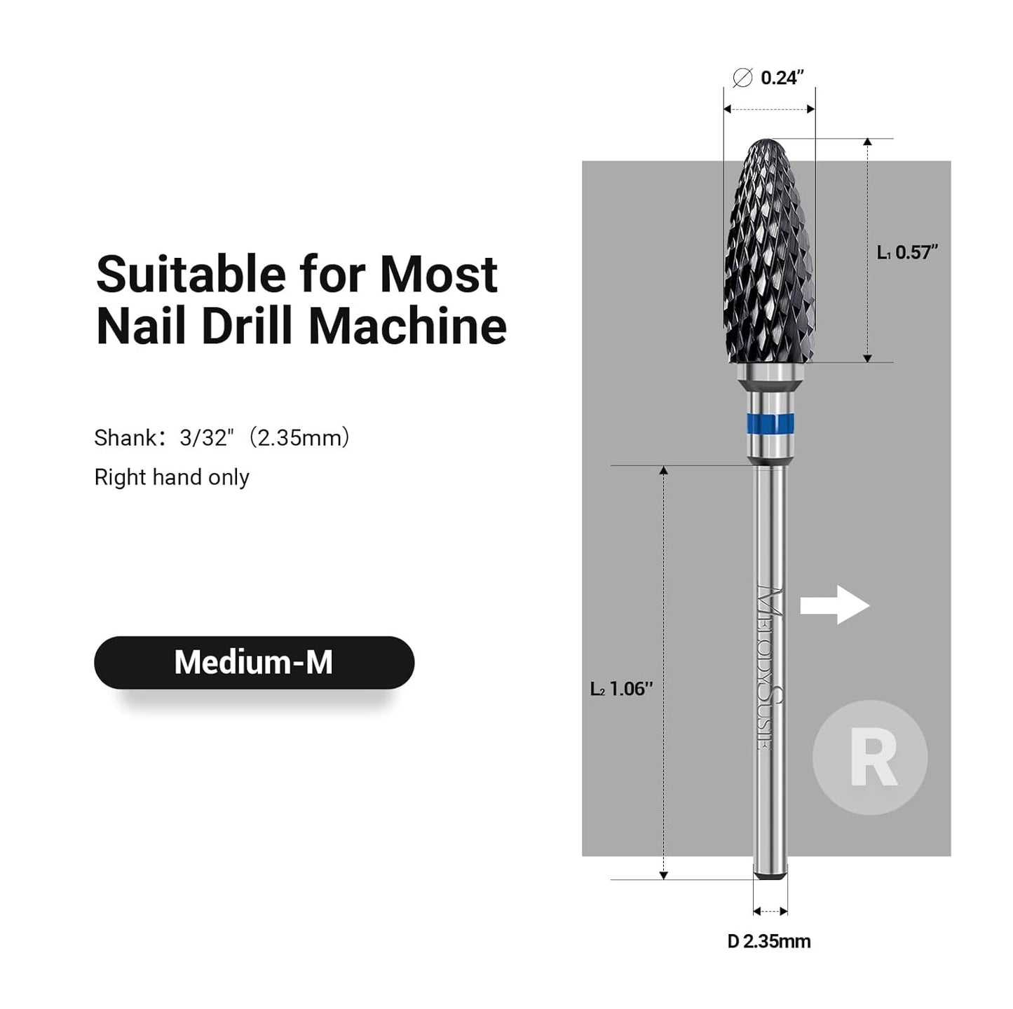 MelodySusie Ceramic Nail Drill Bit, 3/32'' (2.35mm) Professional Acrylic Nail File Flame Drill Bit for Manicure Pedicure Cuticle Gel Nail Polishing, Beginners Bits, Black, Series Bit-S, Medium