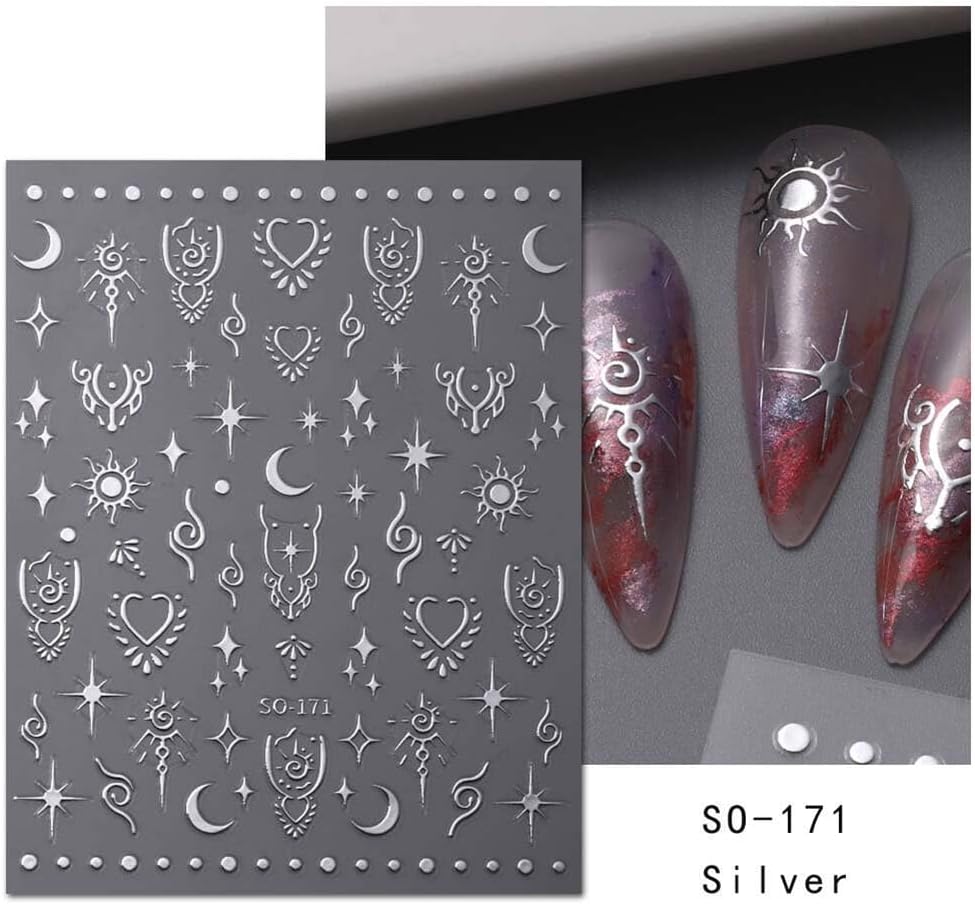 12 Sheets Metallic Nail Stickers Sun Star Nail Art Stickers 3D Self-Adhesive Shiny Laser Gold Silver Moon Rose Nail Decals Holographic Laser Glitter Nail Sticker for Women Nails Manicure Decorations