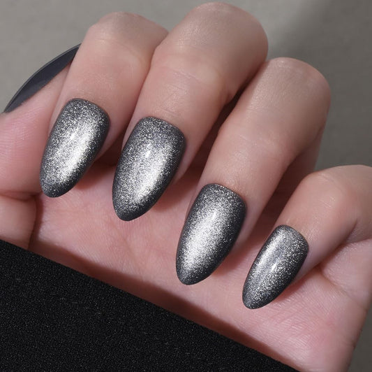 evpct Cat Eye Silver Press on Nails Almond Short, Silver Metal Short Almond Soft Gel Press on Nails with Nail Glue, Fit Perfectly, 30Pcs Reusable Acrylic Fake Press-on Nail Polish Kit for Women Gift