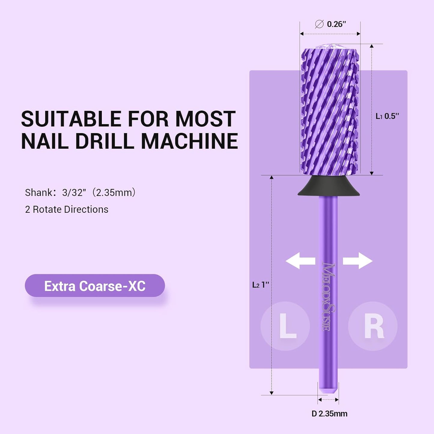 MelodySusie Large Barrel 3/32'' Tungsten Carbide Nail Drill Bit, Crystal Top Purple Heart Shape, Fast Remove Acrylic Gel, Cuticle Gel Polishing for Manicure Pedicure, Purple, Series Bit-S, XC
