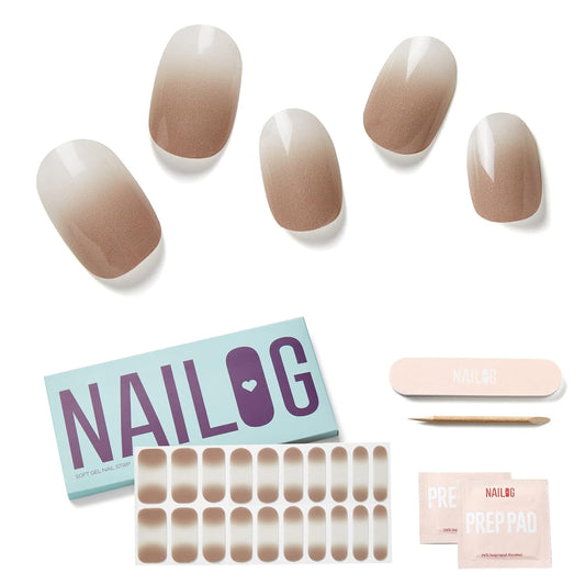 NAILOG Semi Cured Gel Nail Strips (20 Extra Long Polish Stickers/Wraps) │ Glossy & Long Lasting Soft Gel Finishing (Caffe Latte)