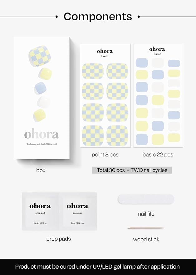ohora Semi-Cured Gel Pedi Strips 34pcs(P Marble Soda) - Includes 16 Solid Color, 14 Accent Wraps, 2 Prep Pads, Nail File & Wooden Stick