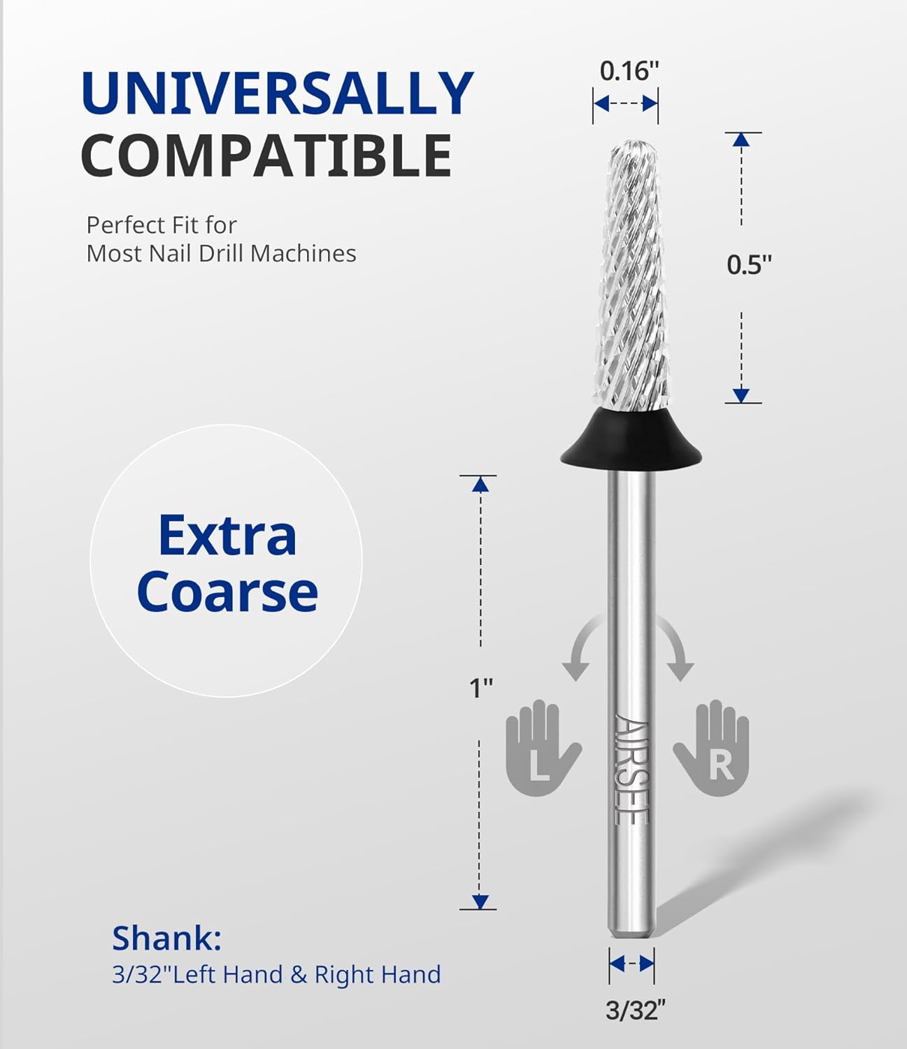 AIRSEE Tungsten Carbide Acrylic Nail Drill Bit Efile Electric File Machine Head Tip for Manicure Polishing Art Remove Gel 3/32" 2 Way Safety Use Ball Top Tapered Bit Cone Shape Extra Coarse-XC