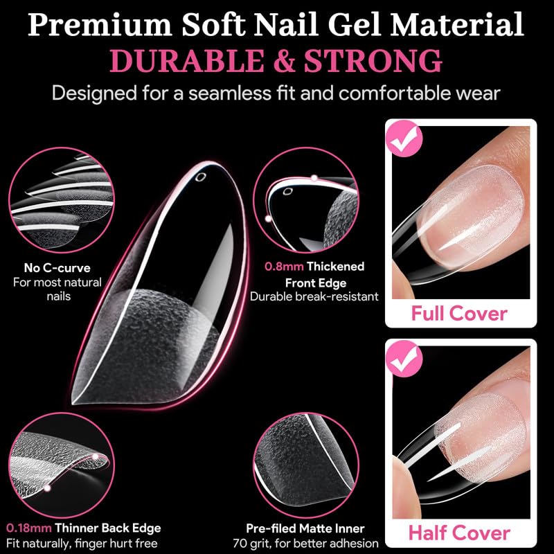 Medium Oval Fake Nail Tips - 15 Sizes 240 PCS Clear Half Matte Press On False Nail Tips Pre-shaped Soft Full Cover Gel Nail Tips Extensions Thick Long Lasting for DIY Beginners& Salon Manicure