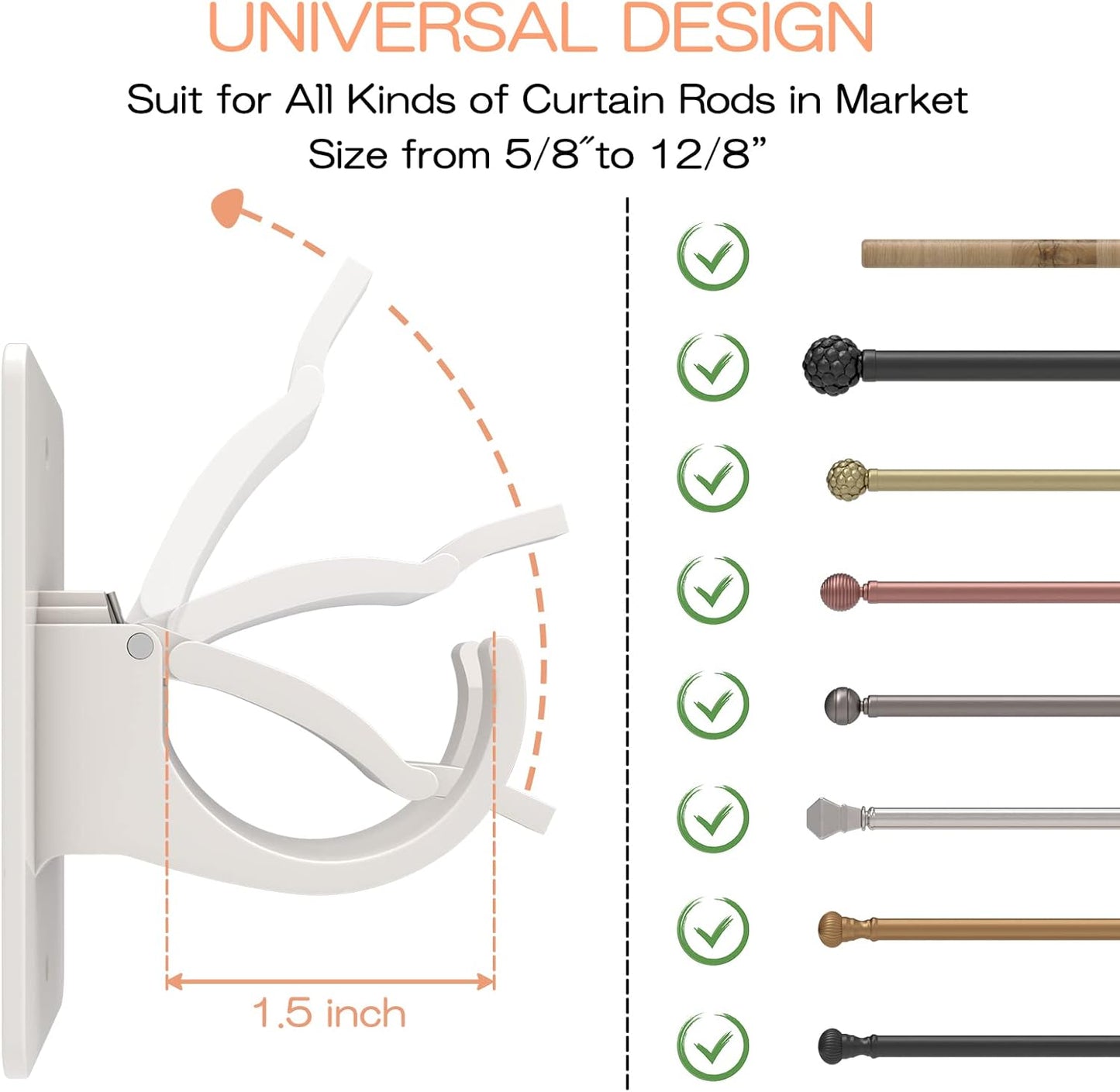 CIEMGNZOC 4PCS No Drill Curtain Brackets, Self-Adhesive Rod Holders, Nail Free Adjustable, Hooks for Rods Under 1.57 Inch (White)