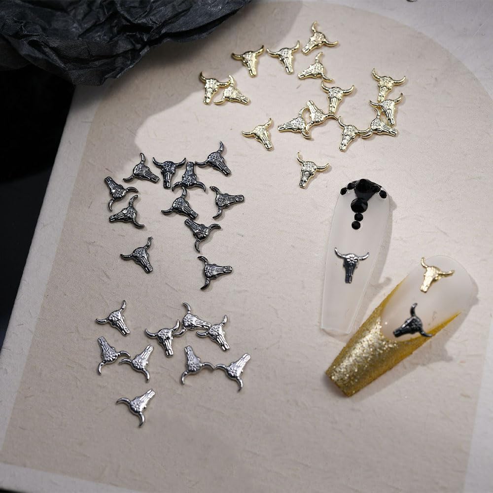 50PCS Bull Head Nail Charms, 3D Retro Alloy Nail Accessories Gold Silver Animal Designs Manicure Decorations for DIY Craft Making
