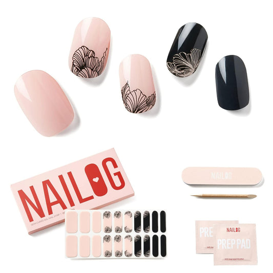 NAILOG Semi Cured Gel Nail Strips (20 Extra Long Stickers/Wraps) | Buy 2 Get 1 UV Lamp| Glossy & Long Lasting Soft Gel Finishing, Blossom