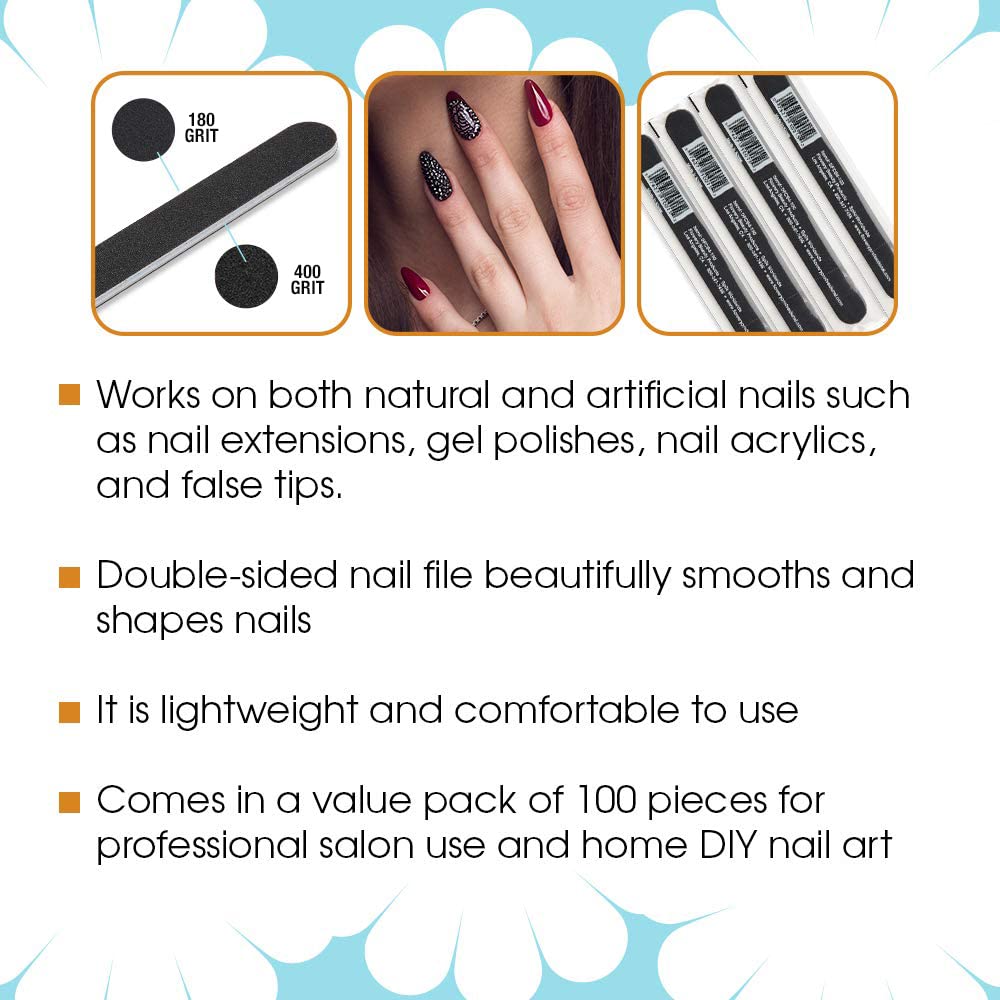 Flowery Disposable Nail File Cushion Core 180/400 Grit, Black, (Pack of 100)