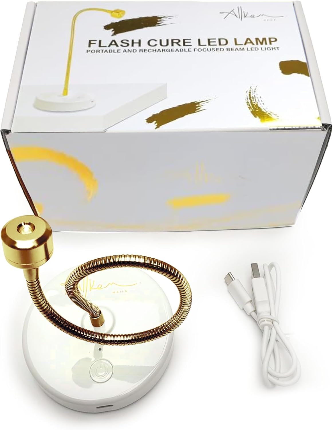 ALLKEM Flash Cure UV Light - Gooseneck Led Nail Lamp for Gel Polish - Professional & Home Use Nail Light & Dryer - Wireless, Cordless & Rechargeable Curing Lamp (3W - Gold)
