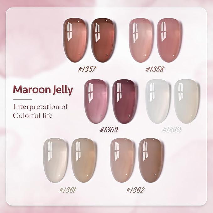 GAOY Jelly Brown White Gel Nail Polish Set, 6 Translucent Colors Sheer Pink Maroon Soak Off UV Light Cure Gel Polish Kit for Salon and Nail Art DIY at Home