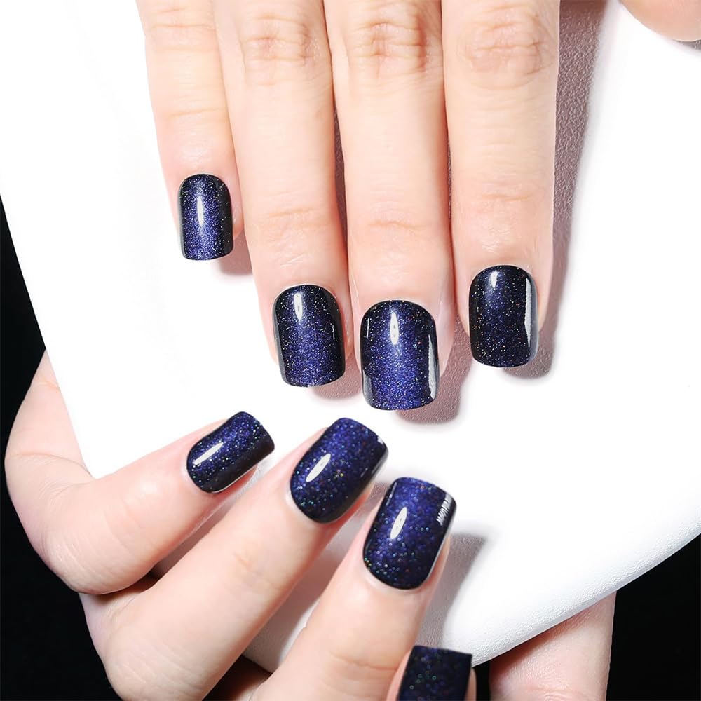 evpct Blue Cat Eye Extra Short Press on Nails Square, Petite Short Square Glue on Nails for Women Gift, Royal Blue Metallic Glitter Glossy Reusable Stick Gel Press on Acrylic Fake Nail with Designs
