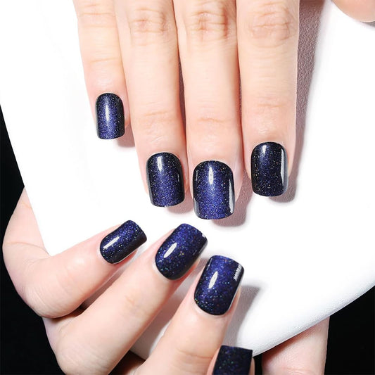 evpct Blue Cat Eye Extra Short Press on Nails Square, Petite Short Square Glue on Nails for Women Gift, Royal Blue Metallic Glitter Glossy Reusable Stick Gel Press on Acrylic Fake Nail with Designs