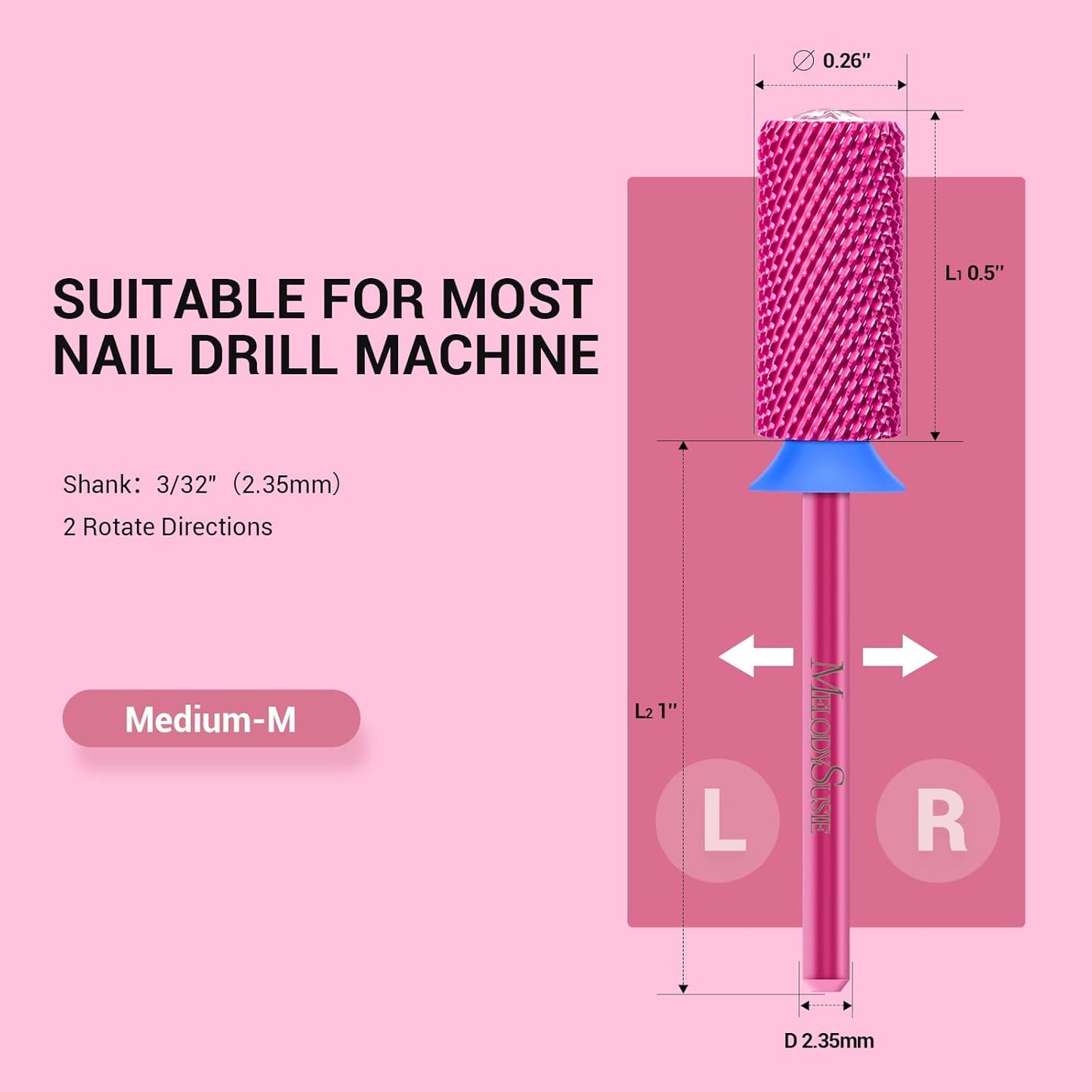 MelodySusie Large Barrel 3/32'' Tungsten Carbide Nail Drill Bit, Crystal Top Pink Heart Shape, Fast Remove Acrylic Gel, Cuticle Gel Polishing for Manicure Pedicure, Pink Blossom, Series Bit-S, Medium